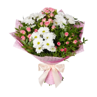 Букет «Волшебный сад» – гармония кустовых роз и белоснежных хризантем Еманжелинск Челябинская область