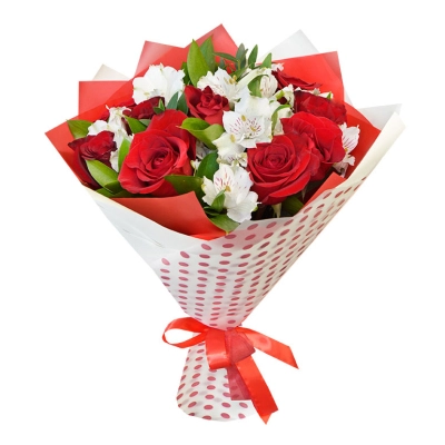 Букет из красных роз и белоснежных альстромерий – гармония страсти и нежности Еманжелинск Челябинская область