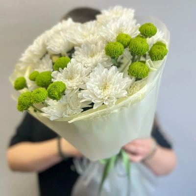 Эксклюзивный букет «Филин Грин» – сочетание белых и зеленых хризантем Еманжелинск Челябинская область
