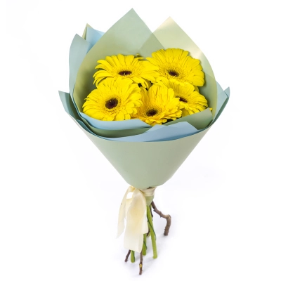 Яркий букет из 5 жёлтых гербер – как кусочек солнца в ваших руках Еманжелинск Челябинская область