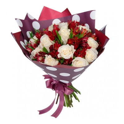 Букет из белых роз и красных альстромерий – гармония страсти и чистоты Еманжелинск Челябинская область