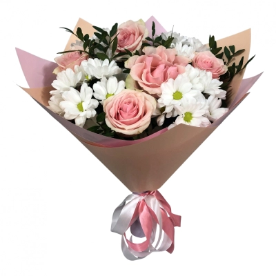 Букет из розовых роз и хризантем – нежность и долговечность Еманжелинск Челябинская область