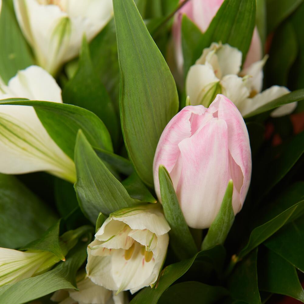 Букет «Первое свидание» розовых тюльпанов и белых альстромерий Еманжелинск Челябинская область