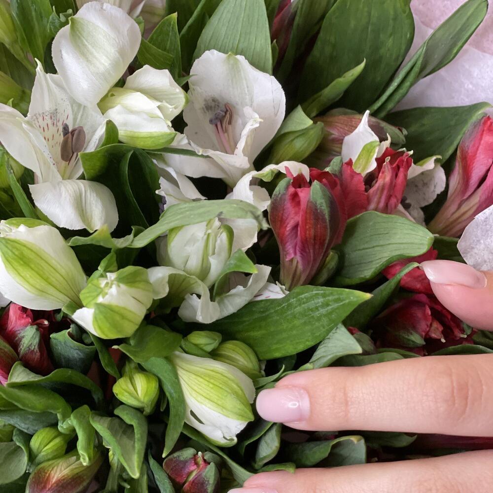 Букет «Люблю»– страсть и чистота в красно-белых альстромериях Еманжелинск Челябинская область